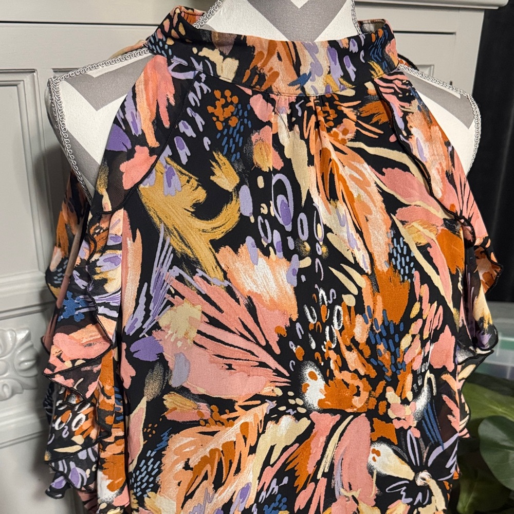 Floral Halter Neck Dress with Open Shoulder Sleeves - Multicolor Size 1X - Picture 2 of 11